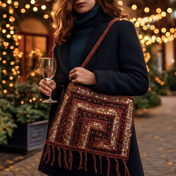 Handbags - Vintage Handmade Beaded Felted Wool Chevron Bag w/ Fringe & Golden Lining